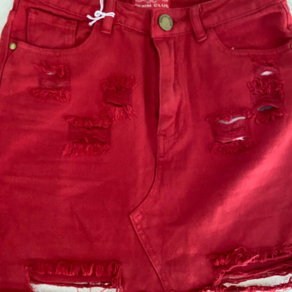 Red Denim Distressed Skirt